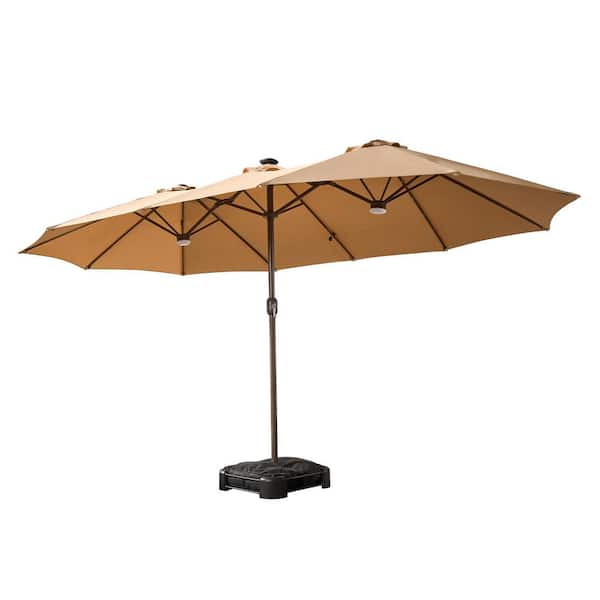 15 ft. x 9 ft. Rectangular Metal Solar LED Double-sided Market Patio Umbrella with Base and Crank in Khaki