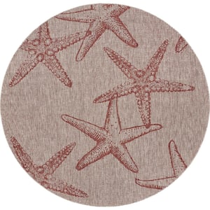 Camila Coastal Coral Red/Beige 7 ft. 6 in. Round Starfish Constellation Polypropylene Indoor/Outdoor Area Rug