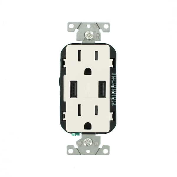 Leviton 3.6 Amp White USB Dual Type A In-Wall Charger with Duplex 15 Amp Tamper-Resistant Outlet T5632-W