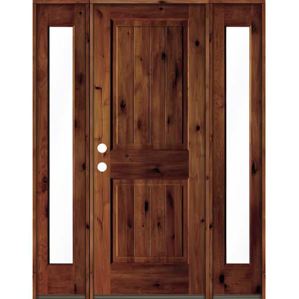 Krosswood Doors 60 in. x 80 in. Rustic Alder Square Red Chestnut Stained Wood V-Groove Right Hand Single Prehung Front Door