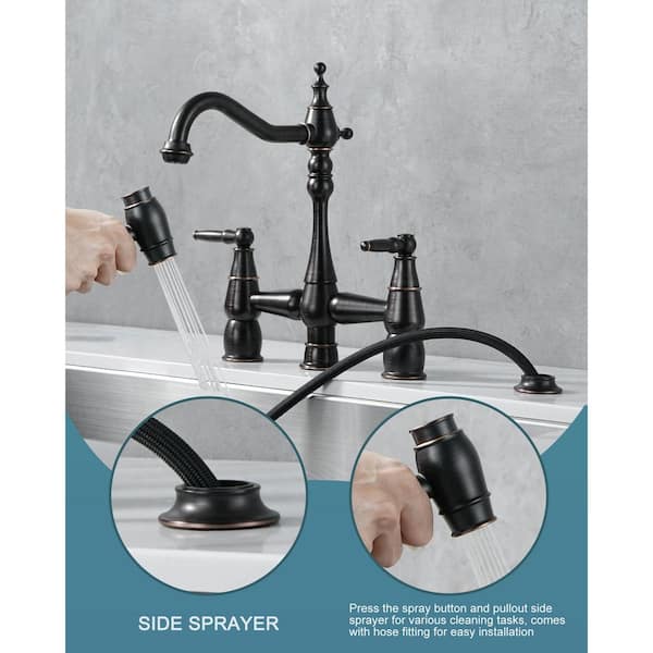 Quaint Double Handle Vintage Bridge Kitchen Faucet-Side Spray in Oil Rubbed Bronze