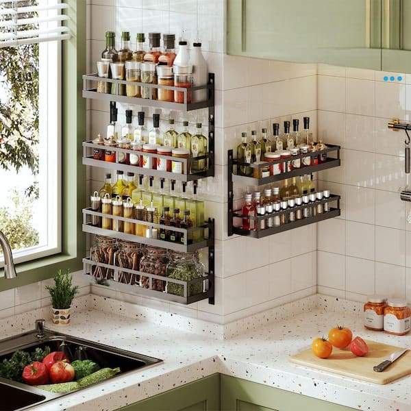 6-Tier Black Metal Height-Adjustable Hanging Spice Racks, Wall-Mounted Vertical Spice Rack Organizer for Various Jars