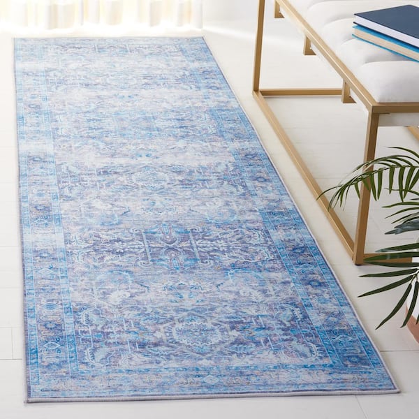 Tucson Purple/Blue 3 ft. x 14 ft. Machine Washable Floral Distressed Border Runner Rug