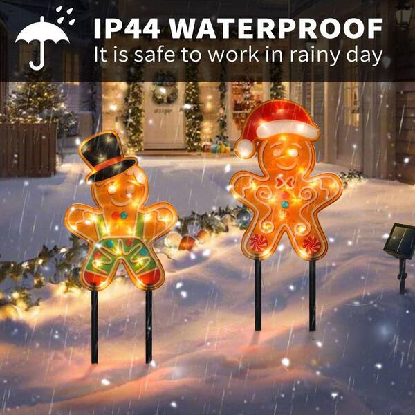 2 PCS Gingerbread Man Solar Christmas Decorations Outdoor, 8 Modes