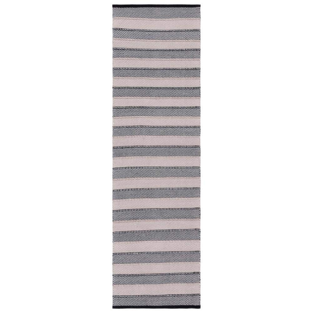 Ivory and Black Striped Kilim Wool Cotton Runner Rug