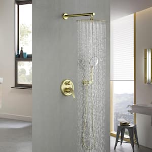 1-Handle 2-Spray 12 in. Rain Shower Head and 5 Mode Handheld Shower Head Shower System Faucet Combo Kit in Brushed Gold