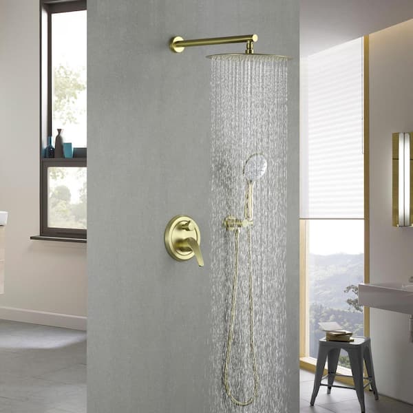 1-Handle 2-Spray 12 in. Rain Shower Head and 5 Mode Handheld Shower Head Shower System Faucet Combo Kit in Brushed Gold