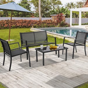 Textilene Black 4-Piece Patio Furniture Chair Sets with Loveseat and Coffee Table in Miami Black