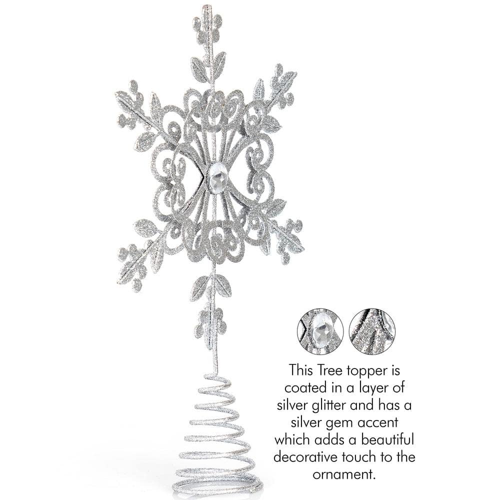 Silver Glitter Floral Snowflake Metal Tree Topper