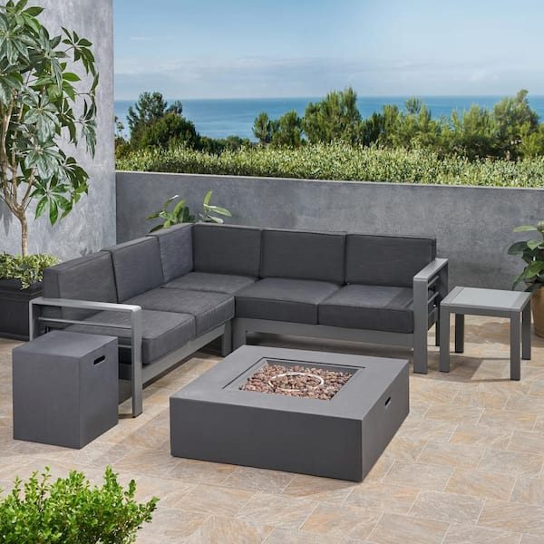 Noble House Cape Coral Grey 6-Piece Aluminum Patio Fire Pit Sectional Seating Set with Dark Grey Cushions