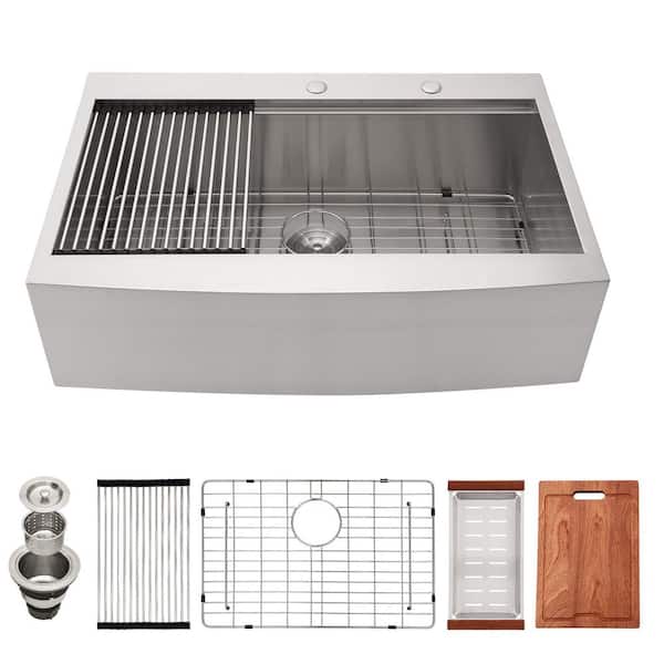 33 in. Farmhouse Top Mount Single Bowl 16 -Gauge Stainless Steel Workstation Kitchen Sink with Bottom Grid