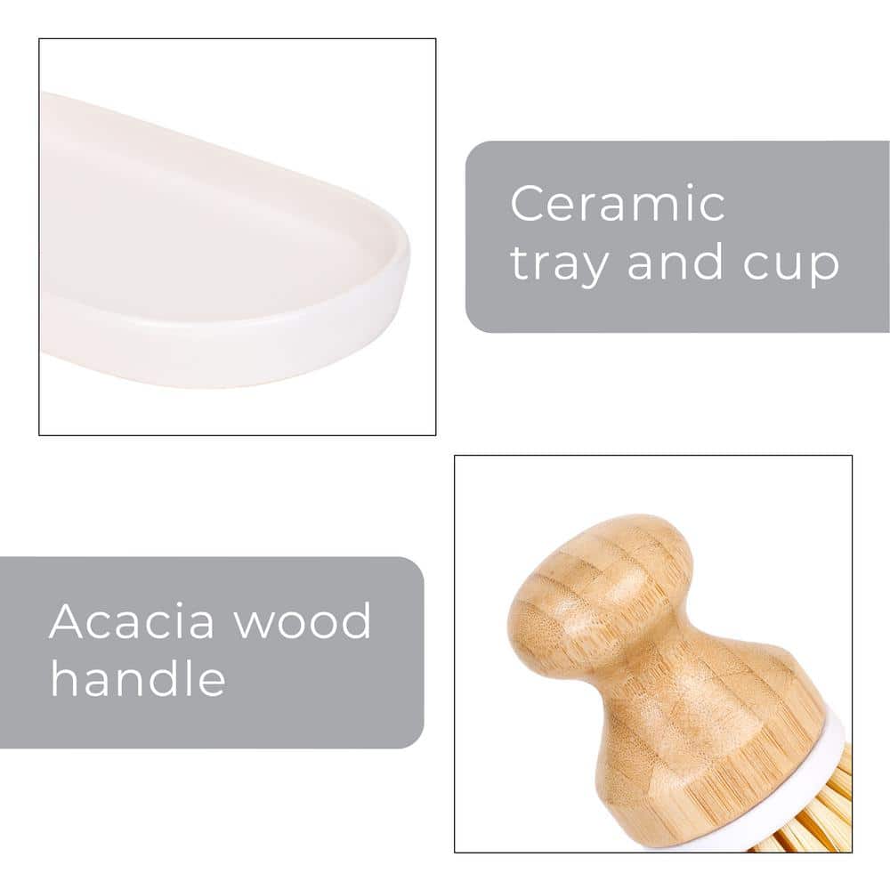 White Ceramic Soap Pump and Brush Set with Tray