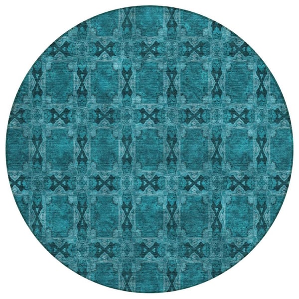 8' Round Teal Geometric Pattern Indoor Outdoor Area Rug 8' Round Teal Geometric Pattern Indoor Outdoor Area Rug