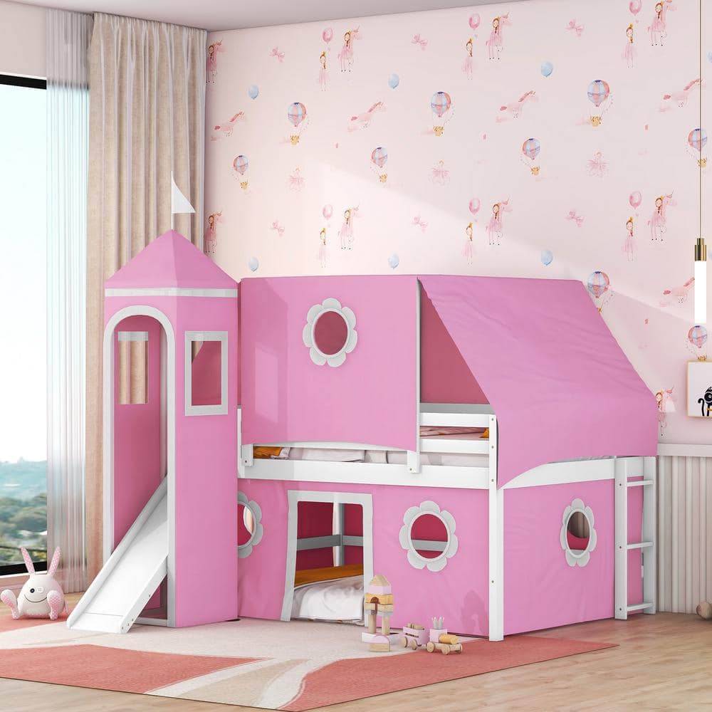 Pink Full Size Wood Loft Bed with Slide, Tent, Tower and Flower Windows
