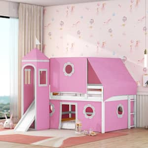 Pink Full Size Wood Loft Bed with Slide, Tent, Tower and Flower Windows