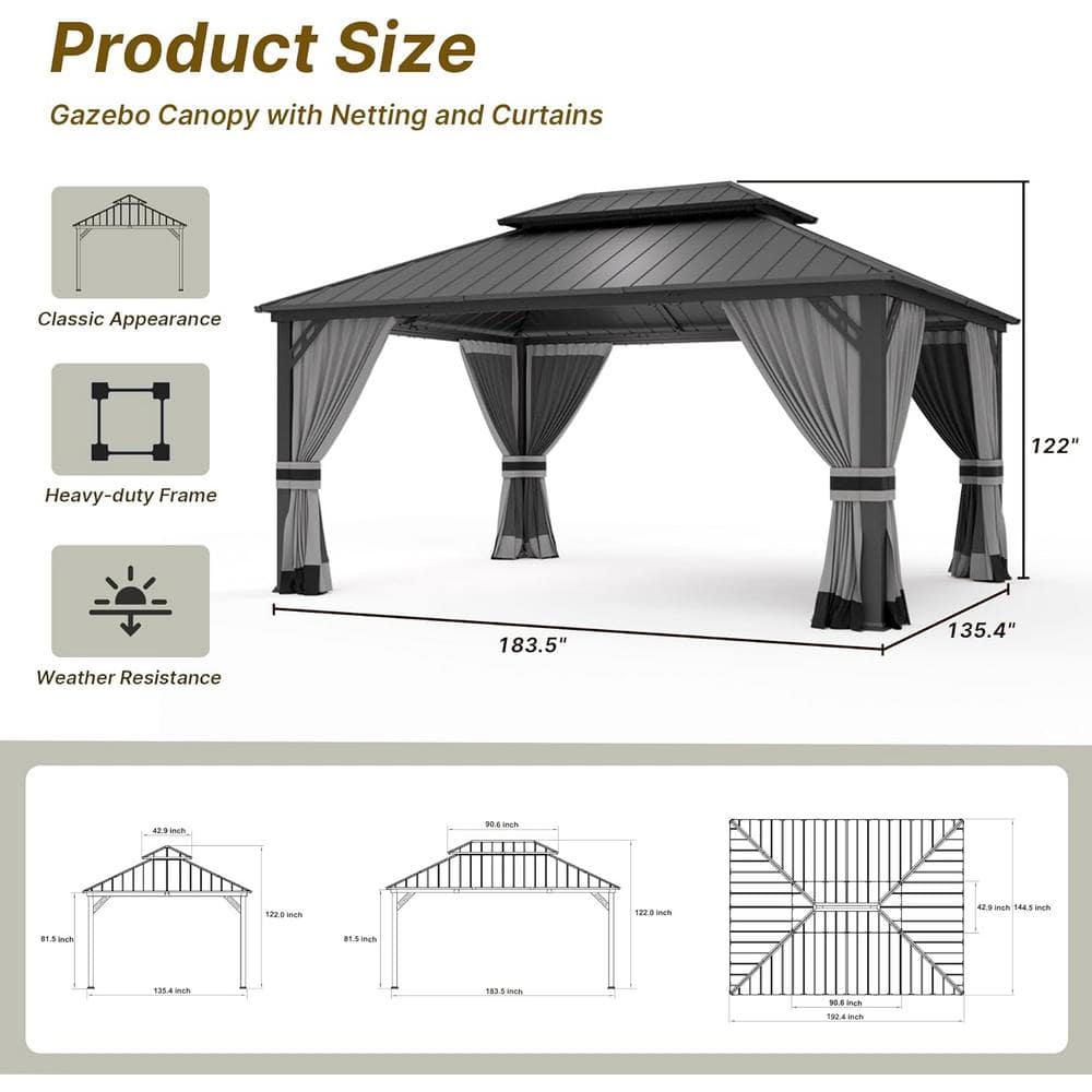 Gray 12x16ft Hardtop Gazebo with Nettings and Curtains