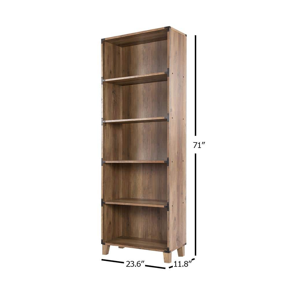 Rustic Oak 5-Shelf Bookcase with Black Metal Brackets