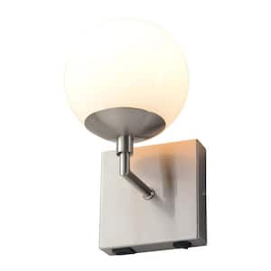 Globe 10 x 6 in. 1 Light White/Satin Nickel Wall Sconce with Shade, Plug-in with Rocker Switch