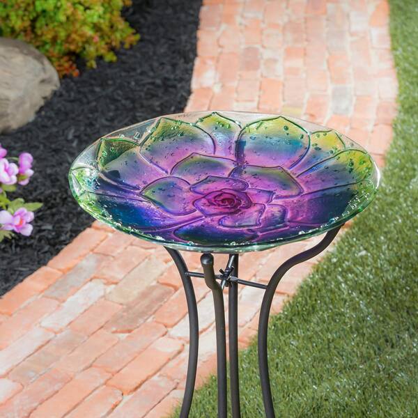 Glass Purple Flower Bird Bath with Metal Stand 