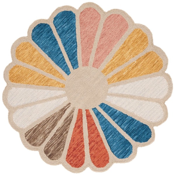 Novelty 4 ft. x 4 ft. Beige/Blue Modern Floral Round Area Rug