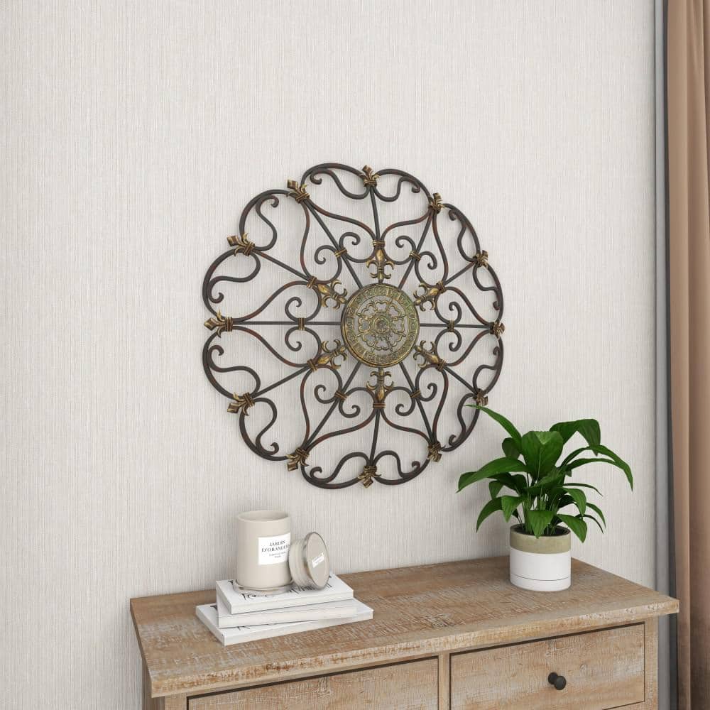 Bronze Ornate Scrollwork Round Metal Wall Decor, 29"