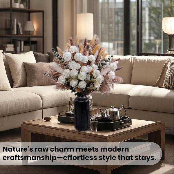 17 in. White Mums Artificial Flowers with Dried Pampas Grass Decor