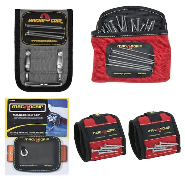 Magnetic Tool Holder Set with 2 Wristbands, 1 Belt Clip, 1 Hammer Holster and 1 Clip-On Pouch (5-Pack)
