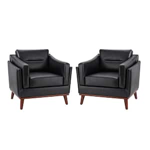 Ignace Mid-Century Leather Upholstered Sofa Black Arm Chair with Solid Wood Legs (Set of 2)