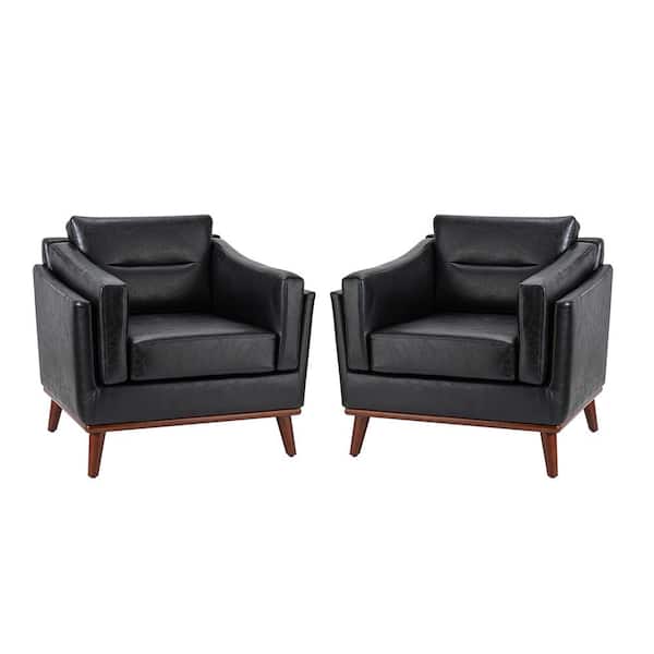 JAYDEN CREATION Ignace Mid-Century Leather Upholstered Sofa Black Arm Chair with Solid Wood Legs (Set of 2)