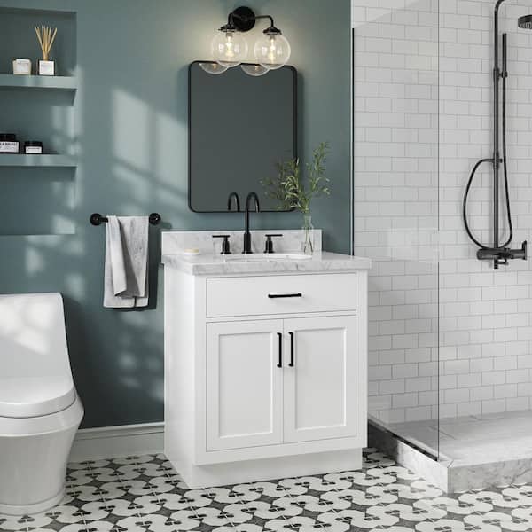 Hepburn 30 in. W x 22 in. D x 36 in. H Bath Vanity in White with Carrara Marble Vanity Top in White with White Basin