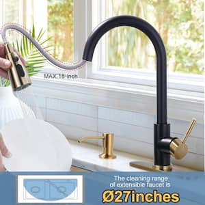 Single Handle Pull Down Sprayer Kitchen Faucet with Deckplate and Soap Dispenser in Black and Gold