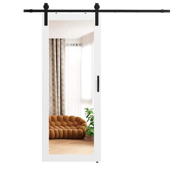 32 in x 84 in 1 Lite, Mirrored Glass, White, Finished, MDF Sliding Barn Door with Hardware Kit