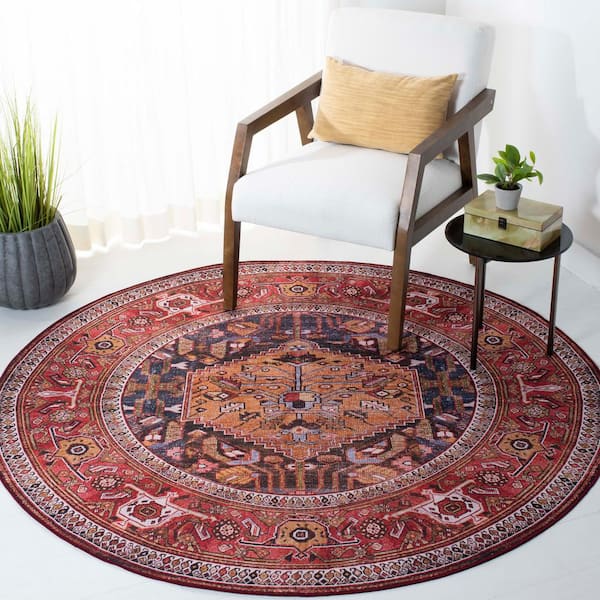 Tucson Navy/Rust 6 ft. x 6 ft. Machine Washable Border Floral Medallion Round Area Rug