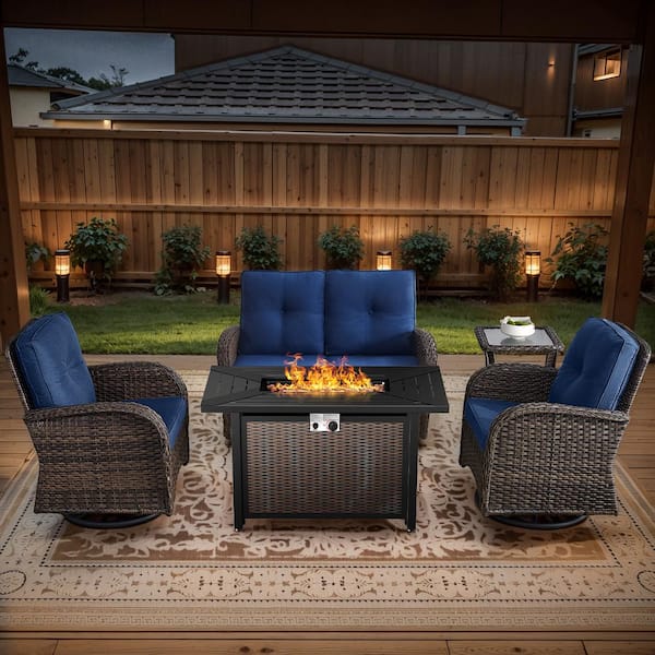 Brown 5-Piece Wicker Patio Fire Pit Set, Outdoor Glider Seating Set with Olefin Navy Blue Cushions and Swivel Rockers