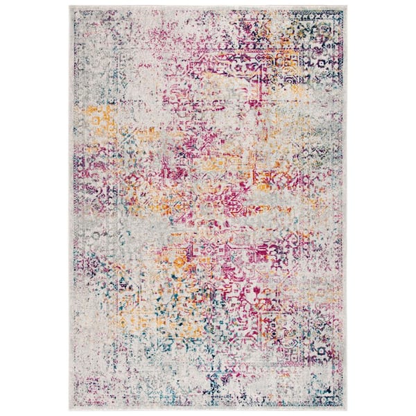 Evoke Ivory/Fuchsia 5 ft. x 8 ft. Distressed Border Medallion Area Rug