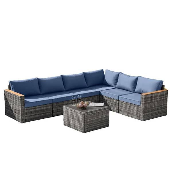 Sudzendf 6-Pieces Outdoor Wicker Sofa Set, Patio Furniture sofa set, with Blue Cushions