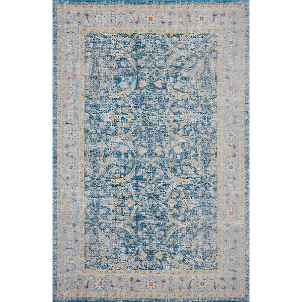 Unbranded Anamica Distressed Blue/Cream 5 ft. 3 in. x 7 ft. 10 in. Turkish Border Polypropylene Indoor/Outdoor Area Rug