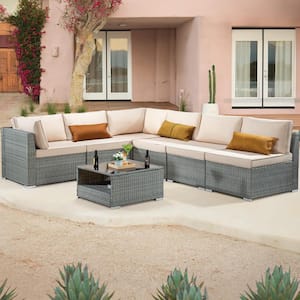 7-Piece Wicker Outdoor Patio Sectional Sofa Conversation Set with Beige Cushions