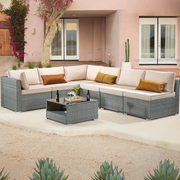 Gardenbee 7-Piece Wicker Outdoor Patio Sectional Sofa Conversation Set with Beige Cushions