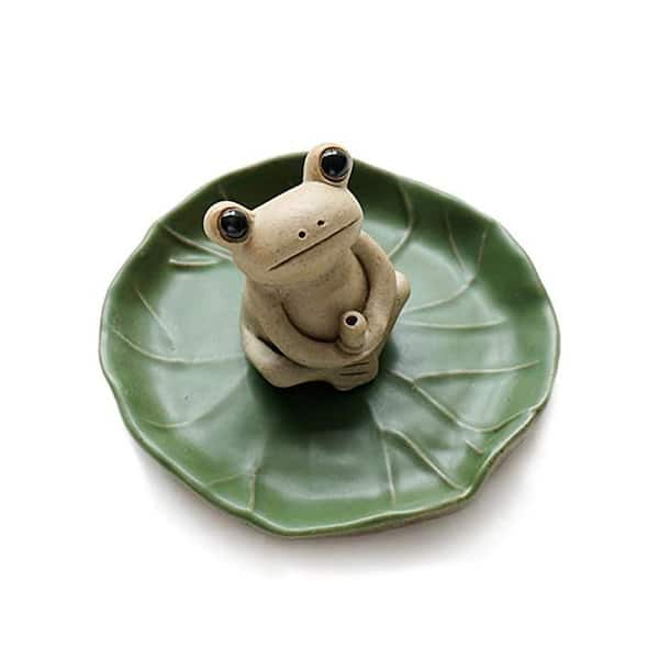 Afoxsos Handmade Ceramic Frog Incense Burner with Lotus Leaf Design