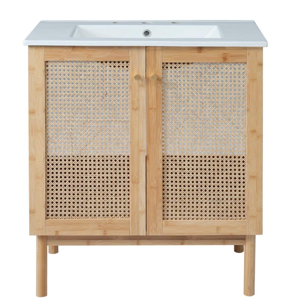 30 in. Single Sink Freestanding Brown Bath Vanity with White Ceramic Top and Handmade Rattan Doors price history on PriceWatchPro