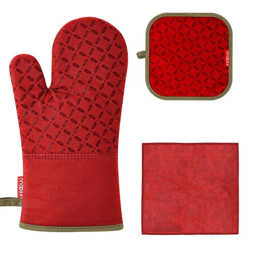 Red Heat-Resistant Silicone Oven Mitts and Pot Holders Set