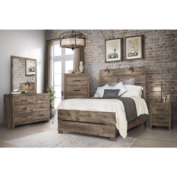 New Classic Furniture Misty Lodge 5-Piece Greige King Wood Bedroom Set (Bed, Dresser, Mirror, Nightstand, Chest)
