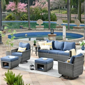 Fortune Dark Gray 6-Piece Wicker Outdoor Patio Conversation Set with Denim Blue Cushions and Swivel Chairs
