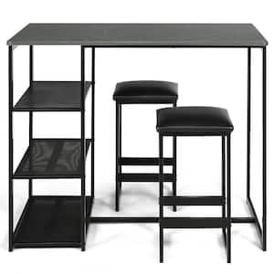 3-Piece Pub Set Industrial Style Faux Leather Marble Top Black Table and 2-Stools Dining Set