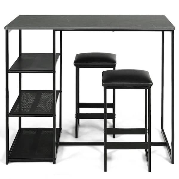 Gymax 3-Piece Pub Set Industrial Style Faux Leather Marble Top Black Table and 2-Stools Dining Set