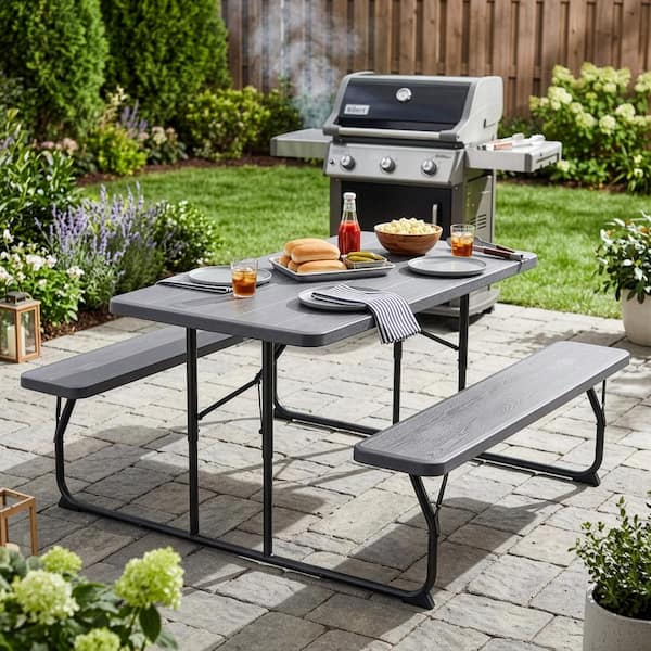 Gardenised Gray Folding Picnic Table Set with Benches, Woodgrain