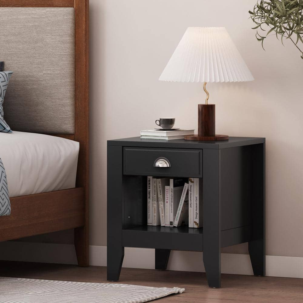 Noble House Bellic 1 Drawer Black Nightstand 108072 - The Home Depot