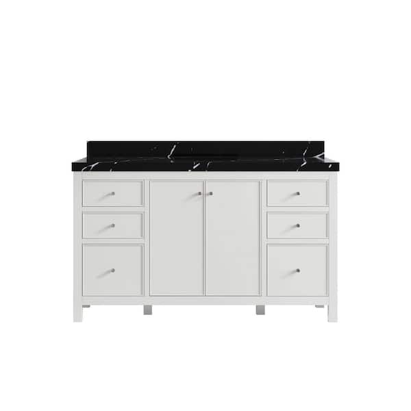Willow Collections Chicago 60 in. Single Sink Freestanding White Bath Vanity with Calacatta Black Qt. Top Unassembled