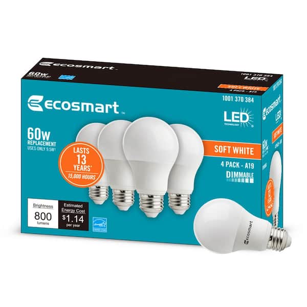 EcoSmart 60-Watt Equivalent A19 Dimmable CEC LED Light Bulb with Selectable  Color Temperature (2-Pack) 11A19060W5CCT01 - The Home Depot